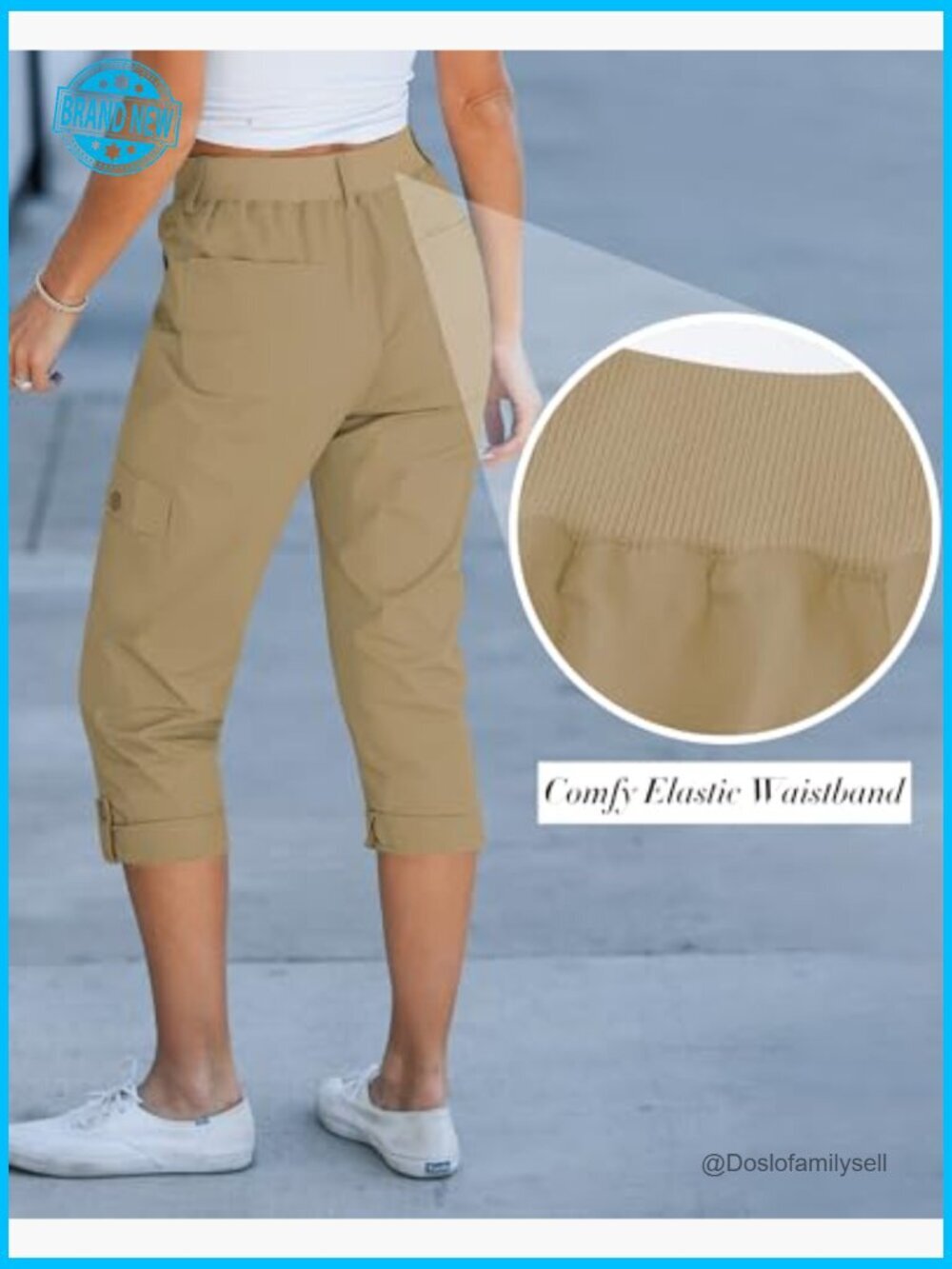 High Waisted Cargo Capri Pants Relaxed Fit Elastic Waist Casual Cropped Trousers - Picture 4 of 7